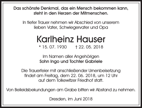 Karlheinz Hauser Traueranzeige Sachsische Zeitung