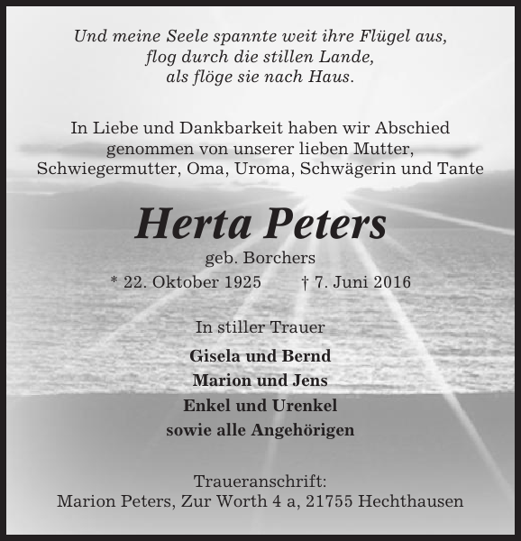 Herta Peters Traueranzeige Cuxhavener Nachrichten