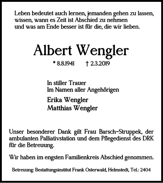 Albert Wengler Traueranzeige Helmstedter Nachrichten