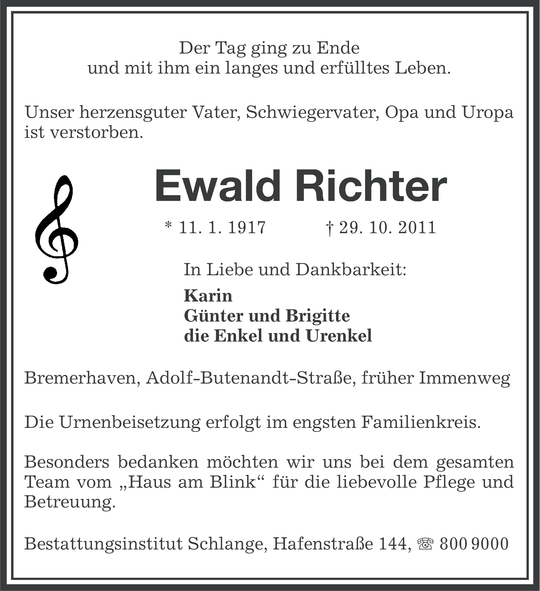 Ewald Richter Traueranzeige Nordsee Zeitung