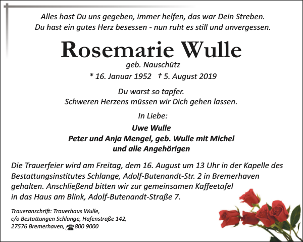 Rosemarie Wulle Gedenken Nordsee Zeitung