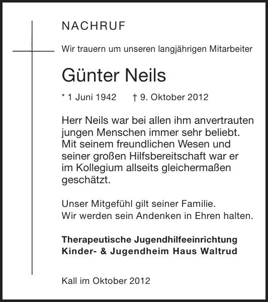 Gunter Neils Traueranzeige Wochenspiegel