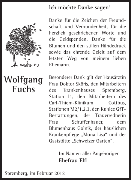 Wolfgang Fuchs Traueranzeige Wochen Kurier