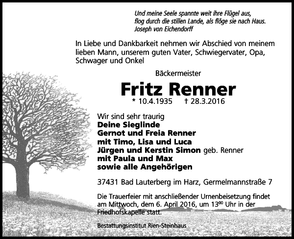 Fritz Renner Traueranzeige Harzkurier