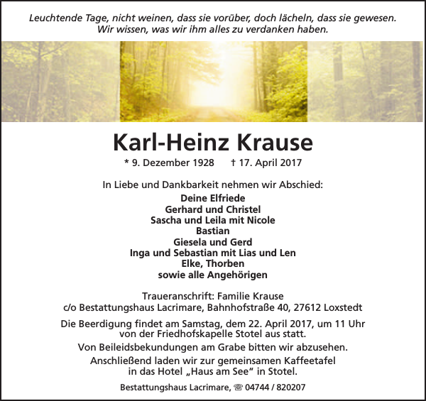 Karl Heinz Krause Gedenken Nordsee Zeitung