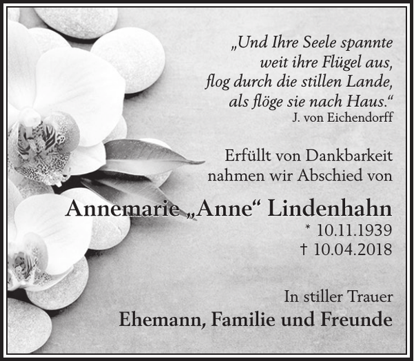 Annemarie Anne Lindenhahn Traueranzeige Wochen Kurier