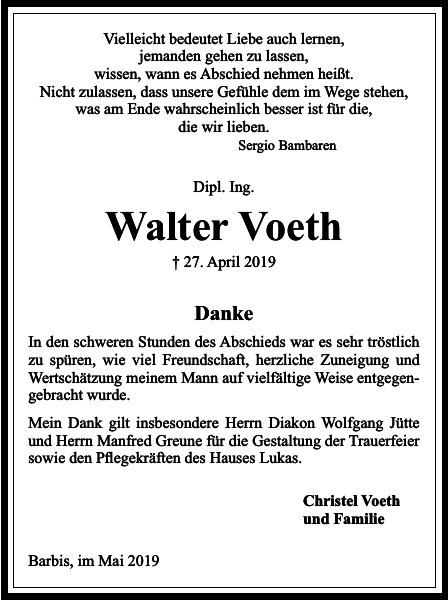 Walter Voeth Danksagung Harzkurier