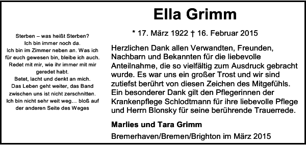 Ella Grimm Gedenken Nordsee Zeitung