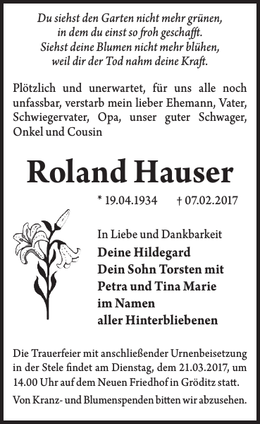 Roland Hauser Traueranzeige Wochen Kurier