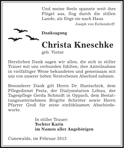 Christa Kneschke Danksagung Sachsische Zeitung