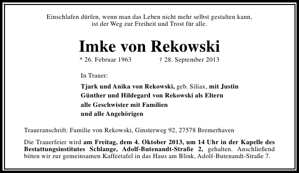Imke Von Rekowski Gedenken Nordsee Zeitung