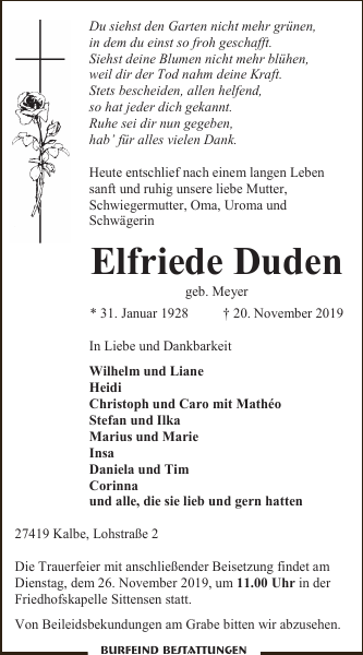 Elfriede Duden Gedenken Zevener Zeitung