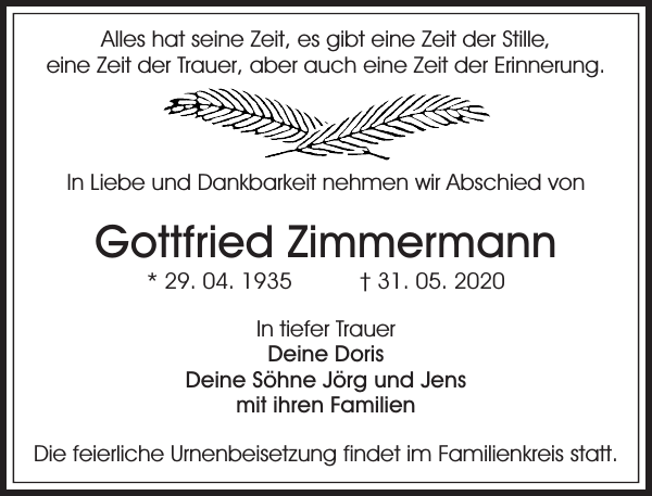 Gottfried Zimmermann Traueranzeige Sachsische Zeitung