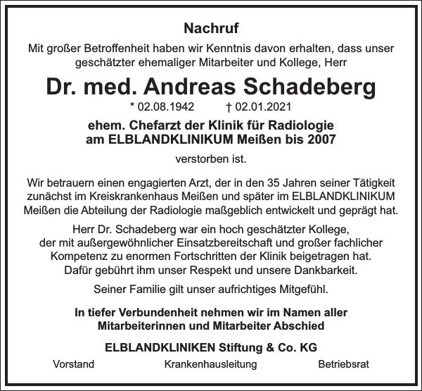 Dr Med Andreas Schadeberg Traueranzeige Sachsische Zeitung