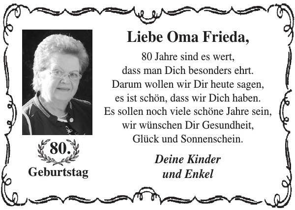 80 Geburtstag Liebe Oma Frieda Geburtstag Stader eblatt