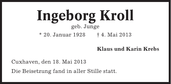 Ingeborg Kroll Traueranzeige Cuxhavener Nachrichten