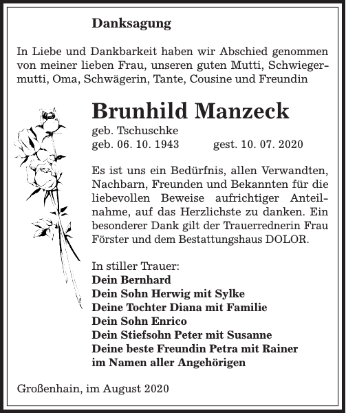 Brunhild Manzeck Danksagung Sachsische Zeitung