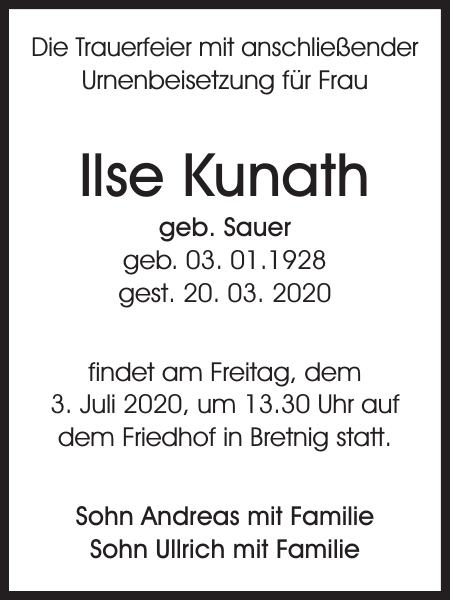 Ilse Kunath Traueranzeige Sachsische Zeitung