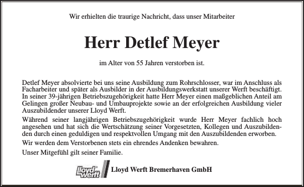 Herr Detlef Meyer Nachruf Nordsee Zeitung