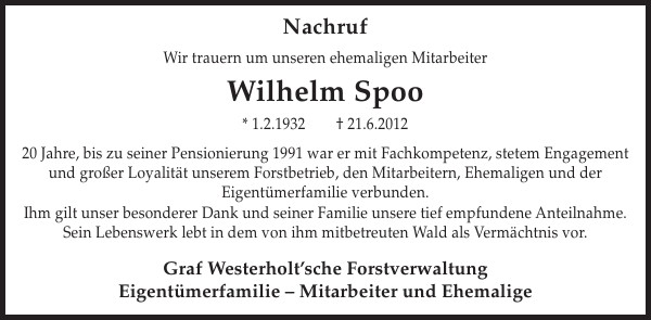 Wilhelm Spoo Traueranzeige Wochenspiegel