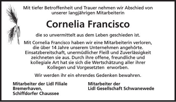Cornelia Francisco Nachruf Nordsee Zeitung