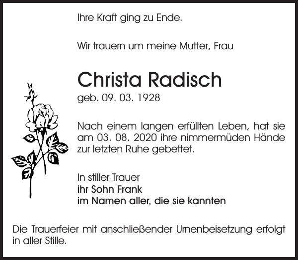 Christa Radisch Traueranzeige Sachsische Zeitung