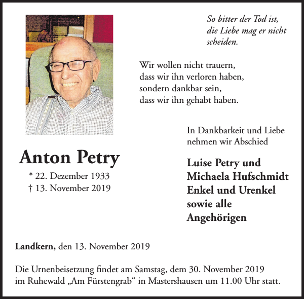 Anton Petry Traueranzeige Wochenspiegel