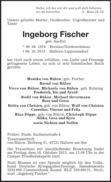 Ingeborg Fischer Traueranzeige Stader eblatt