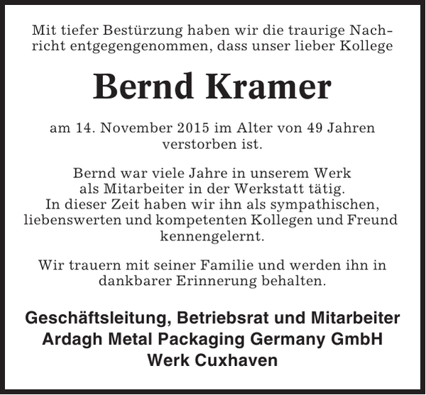 Bernd Kramer Gedenken Cuxhavener Nachrichten