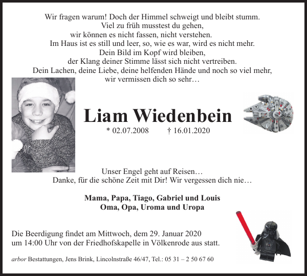 Liam Wiedenbein Traueranzeige, Braunschweiger Zeitung