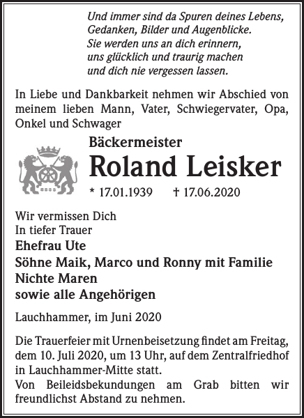 Roland Leisker Traueranzeige Wochen Kurier