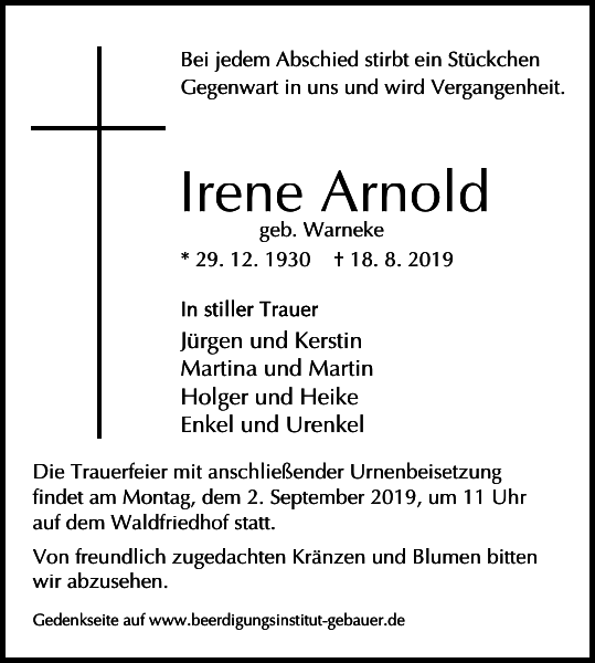 Irene Arnold Traueranzeige Wolfsburger Nachrichten