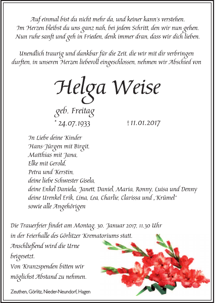 Helga Weise Traueranzeige Sachsische Zeitung