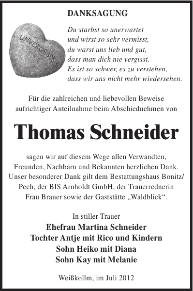 Thomas Schneider Traueranzeige Wochen Kurier