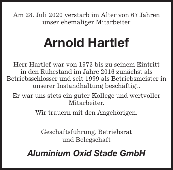 Arnold Hartlef Nachruf Stader eblatt
