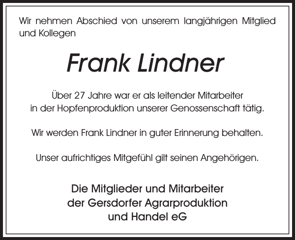 Frank Lindner Traueranzeige Sachsische Zeitung