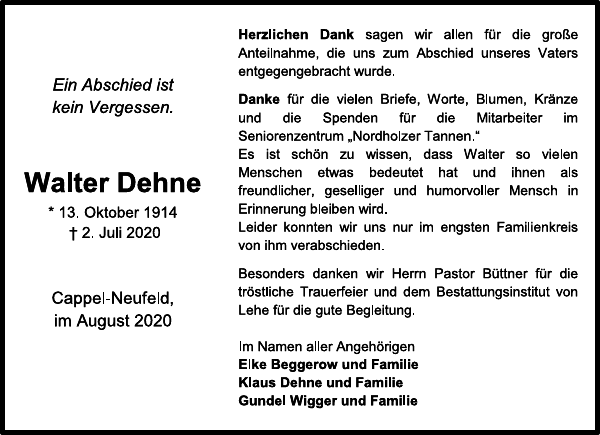 Walter Dehne Danksagung Cuxhavener Nachrichten