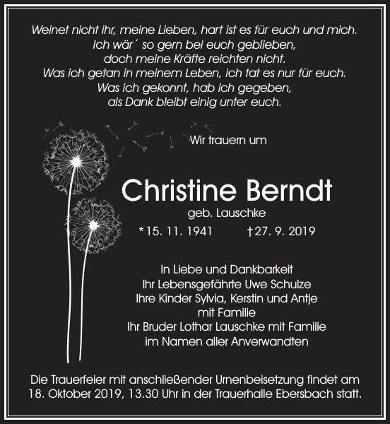 Christine Berndt Traueranzeige Sachsische Zeitung
