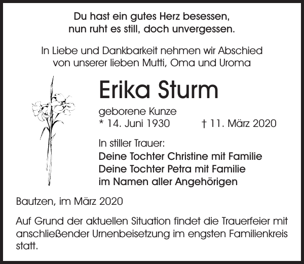 Erika Sturm Traueranzeige Sachsische Zeitung