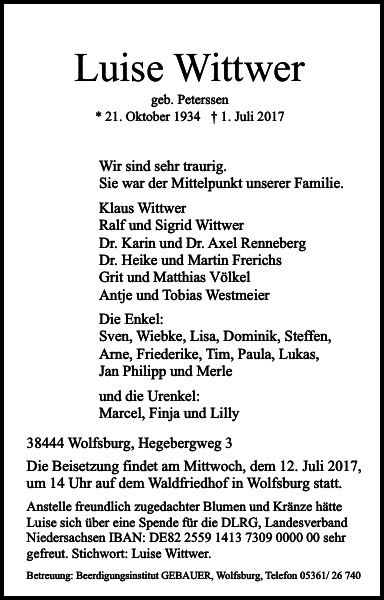 Luise Wittwer Traueranzeige Wolfsburger Nachrichten