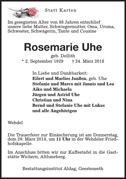 Rosemarie Uhe Gedenken Nordsee Zeitung