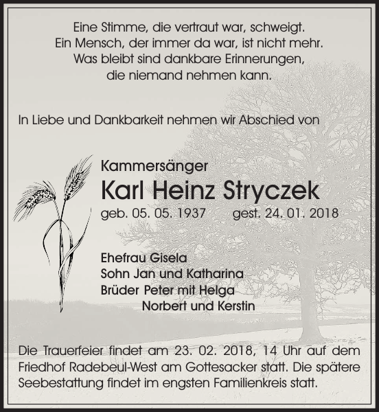 Karl Heinz Stryczek : Traueranzeige, Sächsische Zeitung