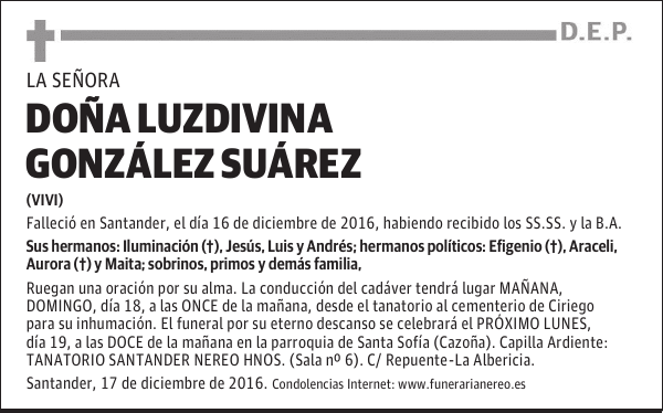 Esquela De Dona Luzdivina Gonzalez Suarez Esquela Esquela En El Diario Montanes