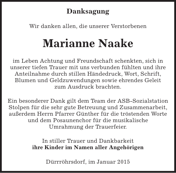 Marianne Naake Danksagung Sachsische Zeitung
