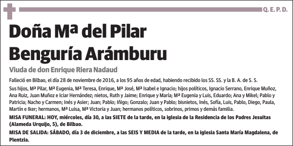 Esquela De MÂª Del Pilar Benguria Aramburu Esquela Esquela En El Correo Silvina benguria, mildred burton, alicia carletti, diana dowek, ines vega. esquela de mÂª del pilar benguria