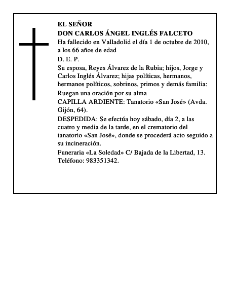 Esquela De Don Carlos Angel Ingles Falceto Esquela Esquela En El Norte De Castilla