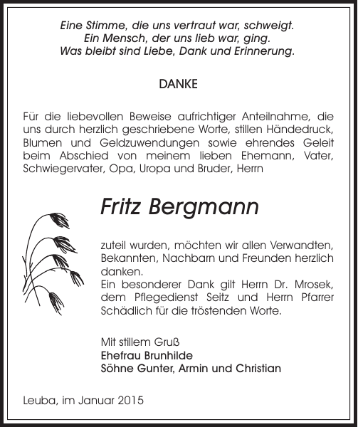 Fritz Bergmann Danksagung Sachsische Zeitung