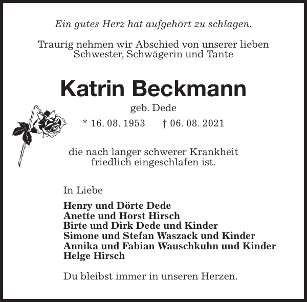 Katrin Beckmann : Traueranzeige, Stader